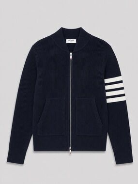 Thom Browne Navy Zip-Front Ribbed 4- Bar cardigan